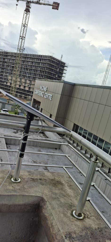 Starlink installation on a commercial building rooftop at an enterprise facility