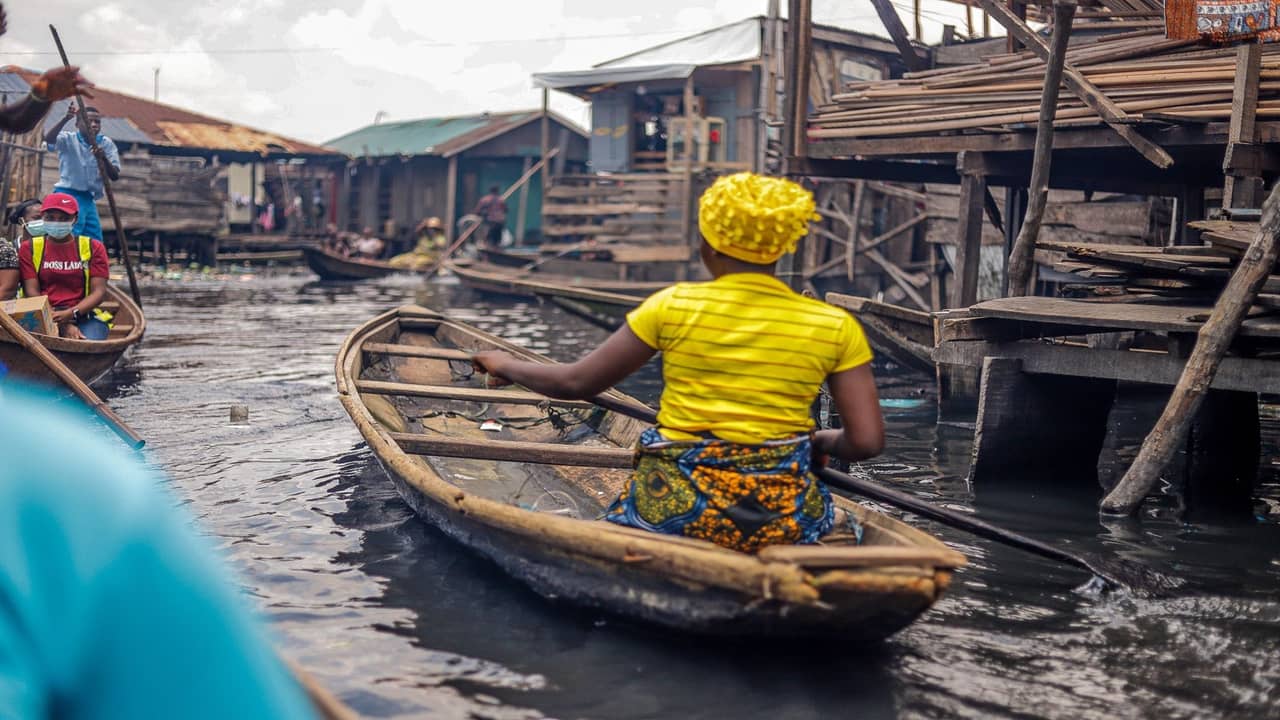 Starlink marine mount on coastal Lagos floating home near Makoko
